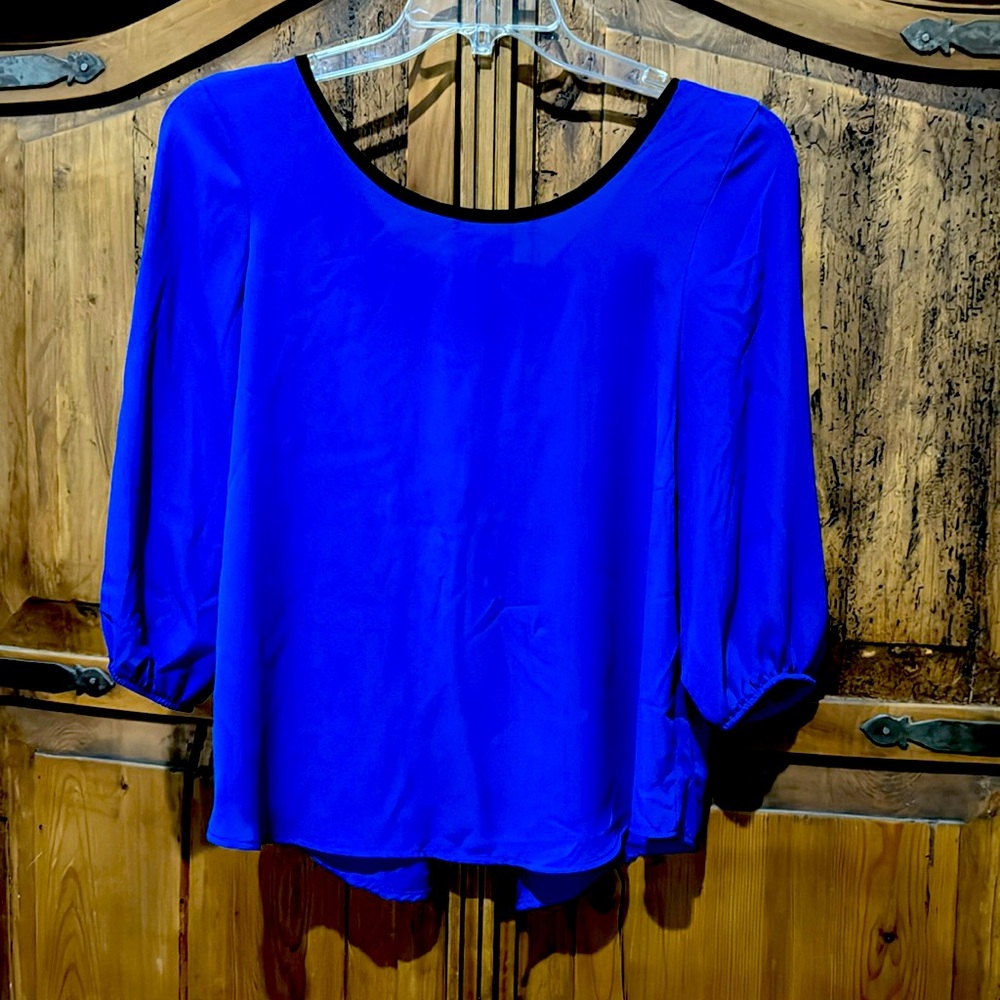 Sheer bright blue top with black bows on back. It’s a large by Agaci.